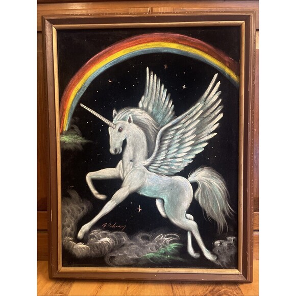 Fantasy unicorn Rainbow Velvet Painting 21 x27" Wood Frame Pegasus Signed - Picture 1 of 16